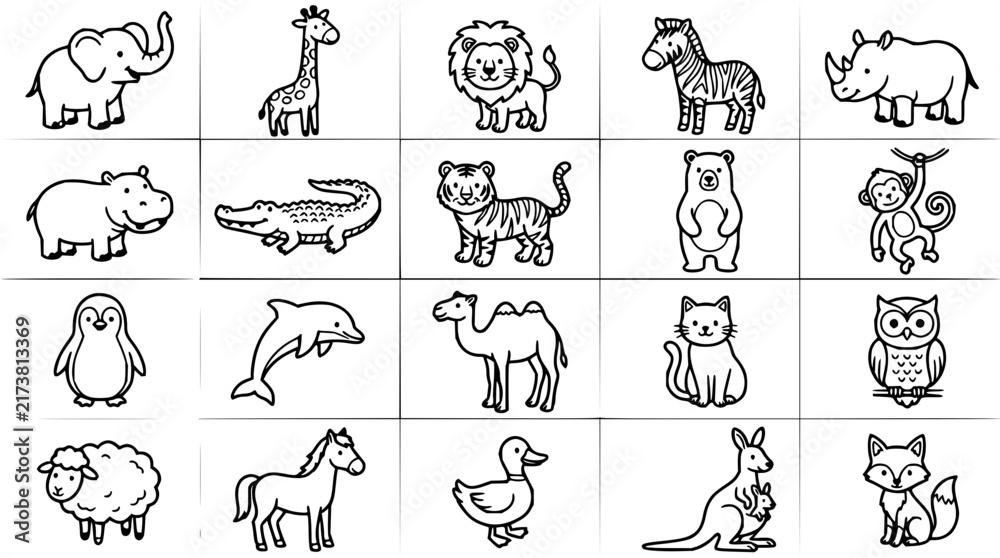 Obraz premium Animal set with simple outline drawings featuring elephant, giraffe, lion with penguin, dolphin and fox