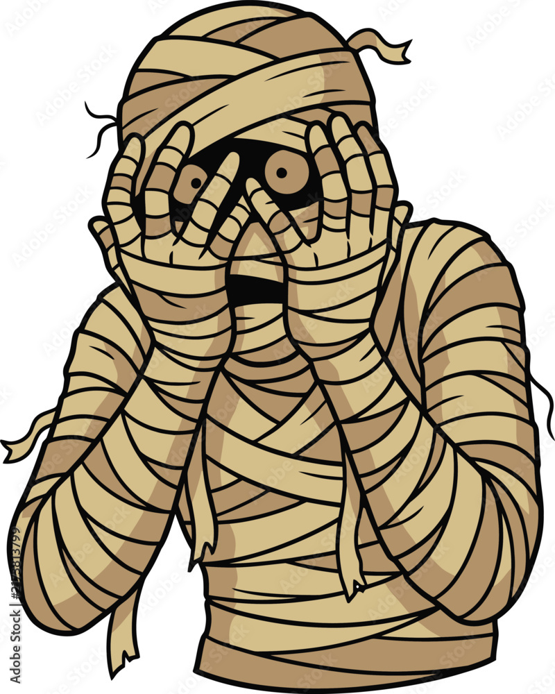 Obraz premium Cartoon illustration of a frightened mummy wrapped in bandages covering its eyes.