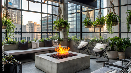 Cozy indoor fire pit lounge in bright urban sunroom with modern furniture and greenery