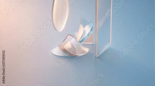 Frosted glass wedges and matte acrylic slats arranged in a refined minimalist composition with airy lightness