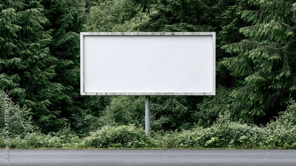 Fototapeta premium Empty white billboard stands before dense green forest