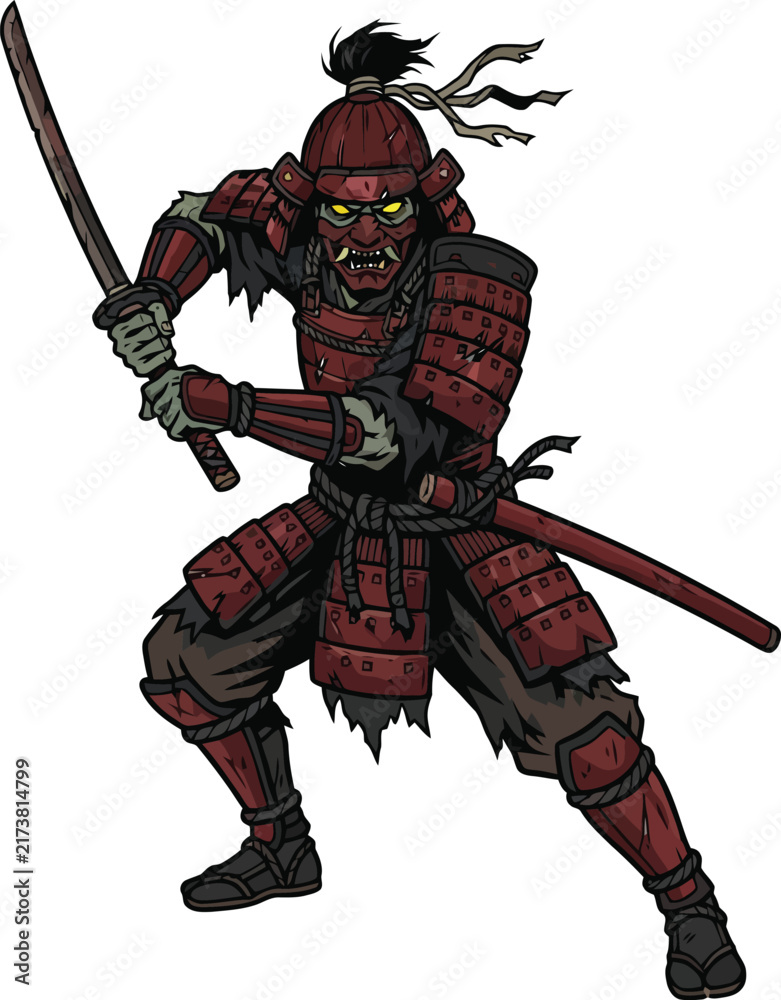 Fototapeta premium An illustration of a fierce samurai warrior wearing red armor and wielding a katana.
