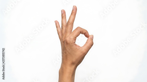 Human hand showing an okay gesture isolated on white background.