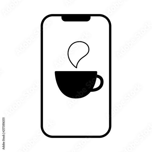 Smartphone with coffee cup icon, black and white line illustration