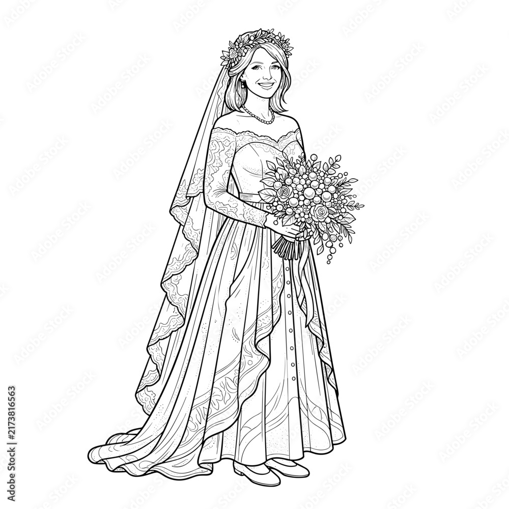 Fototapeta premium Sustainable bride carrying thrifted pearl bouquet for wedding planning websites