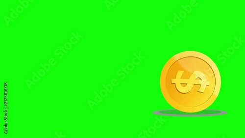 Gold coin popping up spinning and rolling animation on green screen