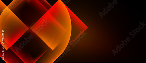 Abstract geometric shapes, vibrant reds, oranges dominate dark background. Overlapping squares create dynamic visual effect.