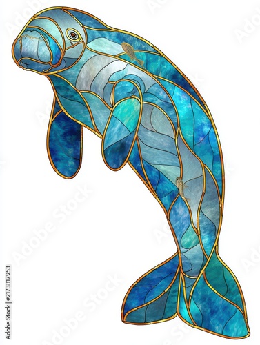 Stained Glass Style Manatee With Blue And Teal Mosaic Patterns Isolated On White Background