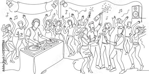 Joyful People Dancing at Party Line Art Illustration with DJ Table Music Notes and Celebration Atmosphere