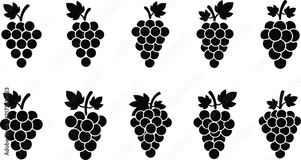 Obraz premium Grape bunch icon set with clustered berries vine leaf stem and cluster shapes