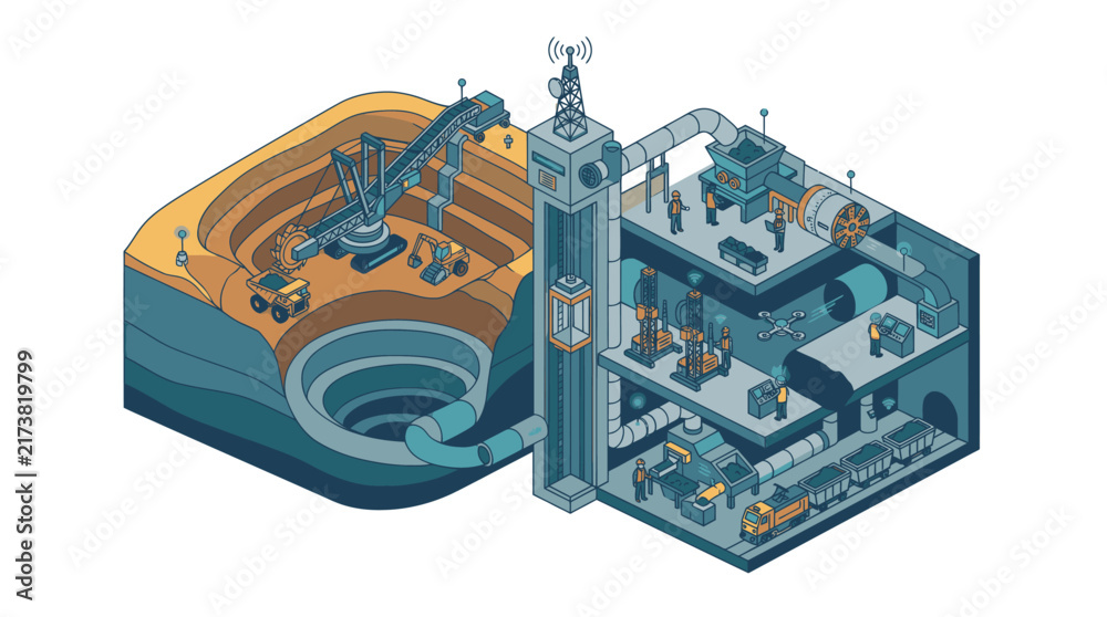 Fototapeta premium Isometric Industrial Facility with Oil Rig and Factory.