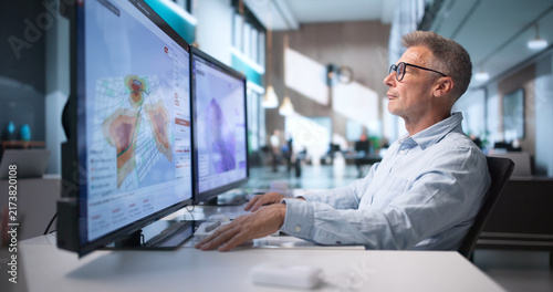 Cuadro en lienzo Environmental Scientist Analyzes Flood Risk Maps On Computer