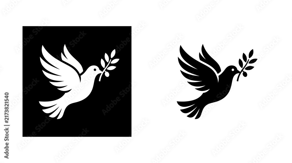 Naklejka premium Peace Dove Icon Set with Olive Branch Vector Illustration