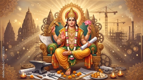 Hindu goddess vishwakarma puja celebration with traditional indian decorations and lighting
