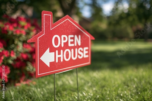 Red open house sign on grass with flowers