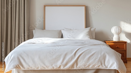 Foto Neat white bed with wooden headboard in bright
