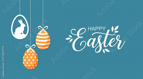 Happy Easter banner background with hanging eggs and bunny silhouette