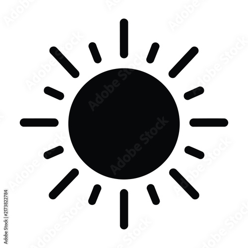 Simple black sun icon with rays on white background symbolizing sunshine