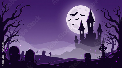Spooky Halloween Background with Haunted Castle Full Moon and Bats