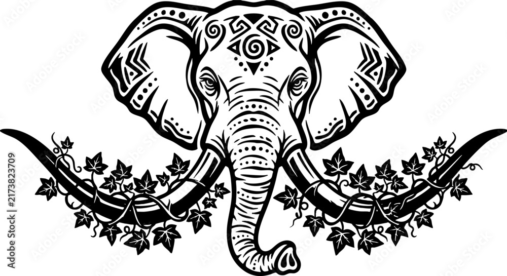Obraz premium Black and white ornamental elephant head with ivy tusks illustration