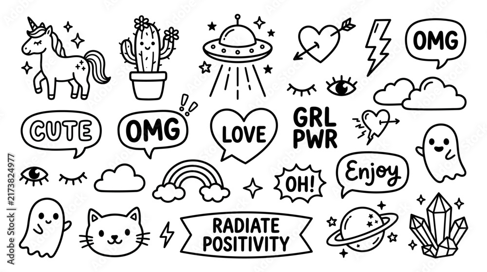 Obraz premium Cute Doodle Sticker Set, Hand-Drawn Black and White Vector