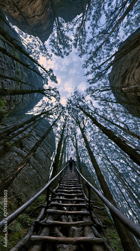 Naklejka premium Hiker ascending wooden ladder up rocky mountain cliff
