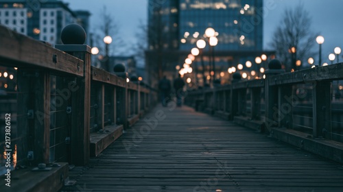 Silhouetted figures walk along dimly lit wooden pier