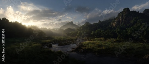 Dramatic Mountain Landscape with Sunlight Breaking Through Clouds at Dusk.