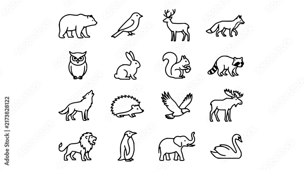 Fototapeta premium Animal icons set with minimalist outline featuring bear, bird, deer, fox with owl, rabbit, squirrel and raccoon