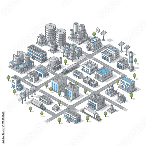 Isometric Industrial City with Factories and Infrastructure.