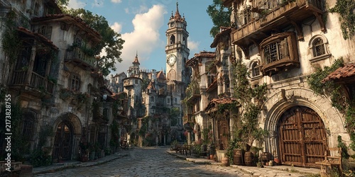 Enchanting Medieval Townscape with Towering Architecture and Cobblestone Streets.
