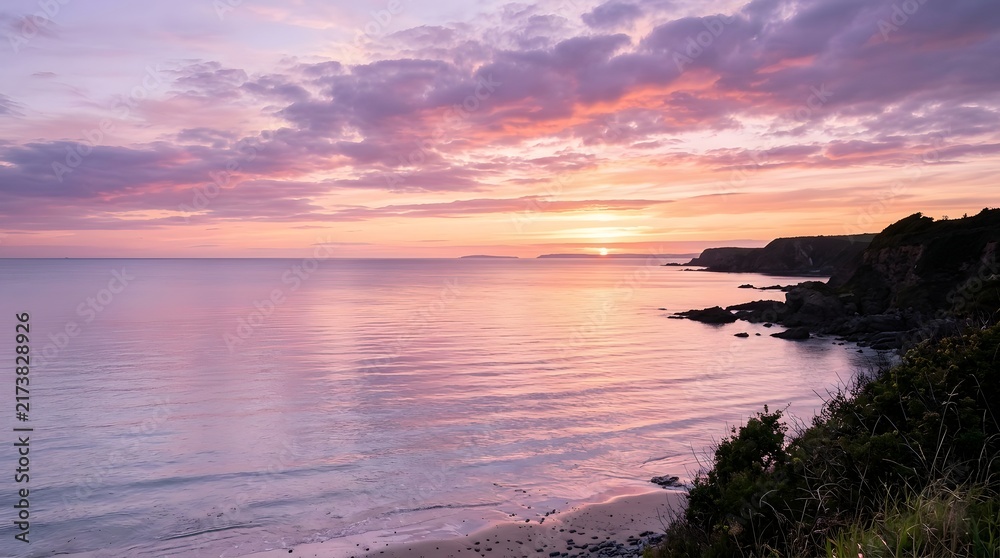 Obraz premium Serene coastal sunset with vibrant pink and orange sky over calm ocean waters.