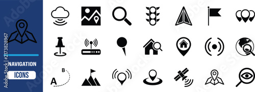 Navigation location map vector icons. map pin icon set, map icon set, magnifying glass icon set