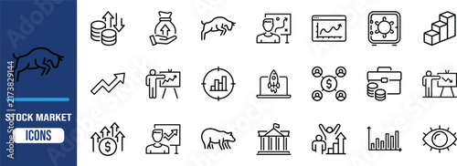 Stock market business finance icons. bull icon set, bear icon set, chart icon set