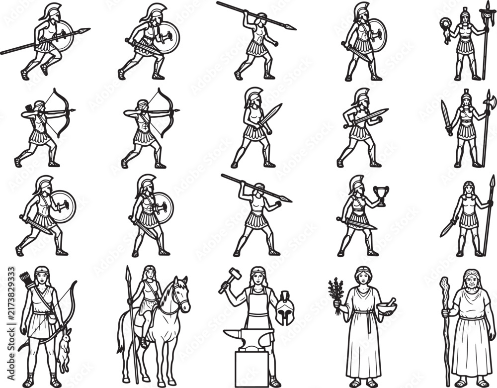 Obraz premium Ancient warrior women, diverse poses and weaponry, depicted in a vintage illustration style, representing strength and historical culture.