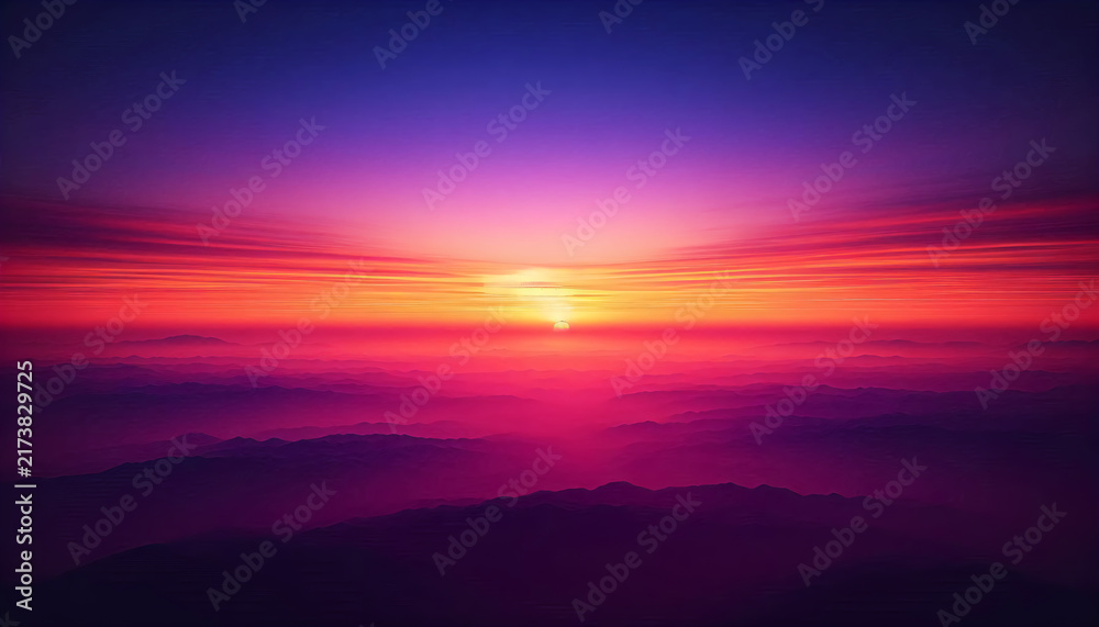 Fototapeta premium Beautiful Pink Purple Sunset Horizon with Bright Golden Sun and Soft Color Gradient Sky Over a Minimal Mountain Landscape, Dreamy Scenic Background for Creative Projects