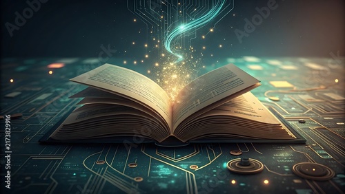 Futuristic Open Book with Glowing Particles and Floating Circuit Board Lines for Digital Education