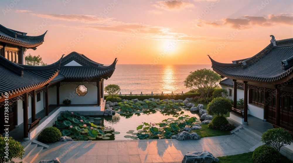 Fototapeta premium Traditional Asian courtyard house with lily pond at sunset. Beautiful architecture features tile roofs, stone paths. Calm water with lotus plants reflects golden sun light. Scenic ocean view from