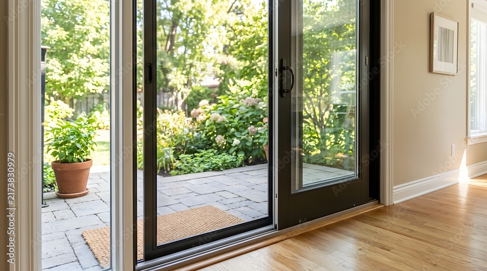 Fototapeta premium Bright Interior With Sliding Patio Doors and Peaceful Garden View