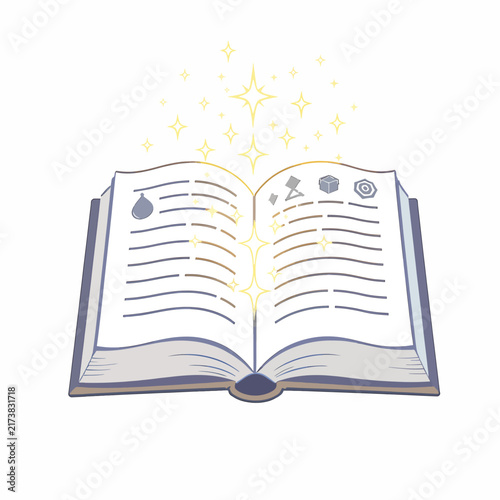 Open book with magical glowing symbols and sparkles fantasy concept