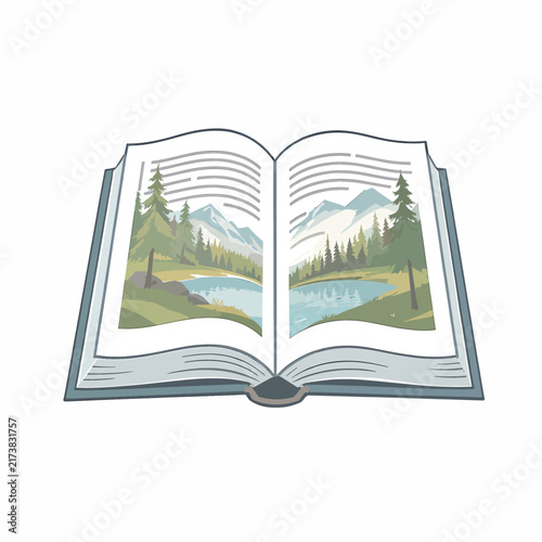 Open book with scenic mountain landscape illustration nature and reading concept