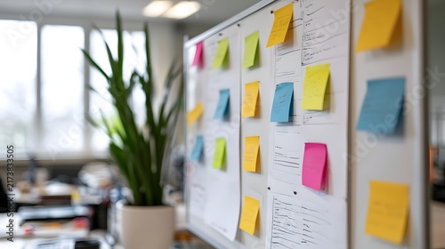 Office wall with whiteboard covered in colorful sticky notes and handwritten sketches  bright natural light from window  potted plant nearby