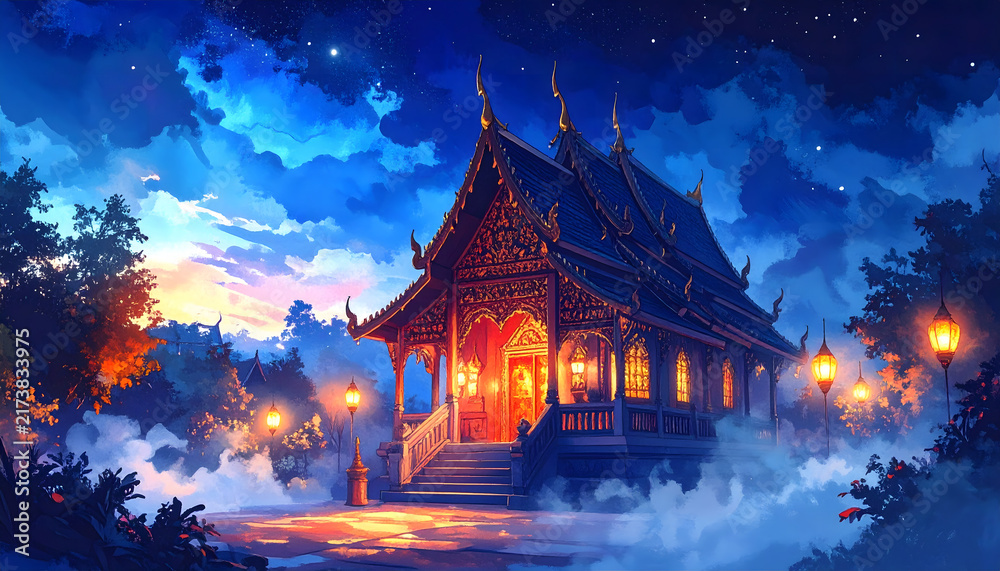 Obraz premium Halloween inspired Thai spirit house at night with soft lantern glow and drifting mist creates mystical atmosphere