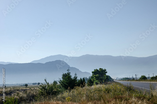 Mountain Landscape in Turkey with Morning Mist Green Valley Blue Sky Scenic Nature Countryside Summer Travel Destination Panorama View