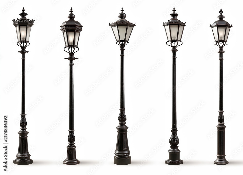 Obraz premium Five ornate vintage street lamps on white background