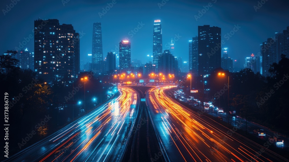 Obraz premium The image depicts a bustling cityscape at night with a prominent skyline filled with tall, illuminated skyscrapers