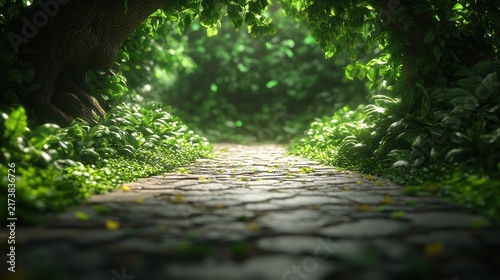 Sunlit path through lush, green foliage
