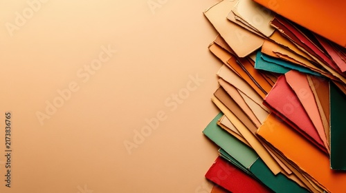 A neat stack of colorful envelopes and papers is arranged on the right side of the image, overlapping each other in a slightly haphazard manner