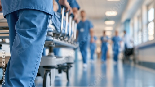 Medical staff pushing gurneys down hospital corridor