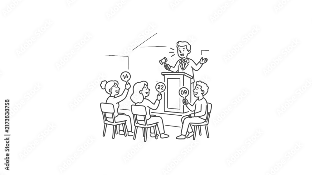 Fototapeta premium Auctioneer Conducting Bidding With Participants Holding Paddle Numbers